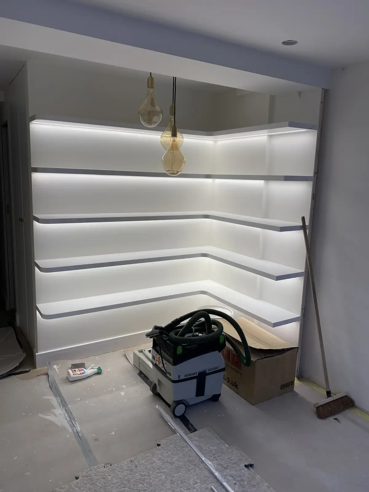 Home office interior with new lighting installed and work in progress