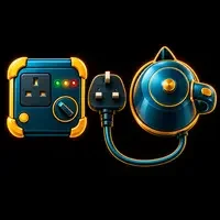 Bird’s eye illustration of a portable appliance tester, electric kettle and UK three pin plug beside the test socket, representing PAT testing.
