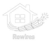 Logo of Rewires, featuring a house shape with a window and a large hand holding a wrench.
