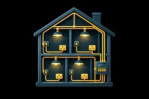 Illustration of a house with new electrical wiring, lights, sockets and a consumer unit, representing a full house rewire.