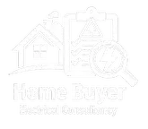 Logo for Home Buyer Electrical Consulting featuring a house, a magnifying glass, and electrical wire elements