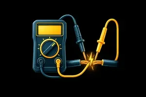Illustration of a digital multimeter and test probes checking an electrical cable, representing electrical fault finding.