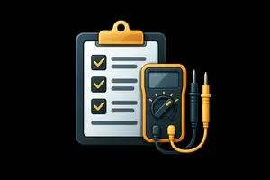 Illustration of an electrical inspection checklist and digital multimeter, representing EICR testing services.