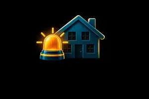 Illustration of a dark house with an emergency beacon, representing electrician callouts for power loss.
