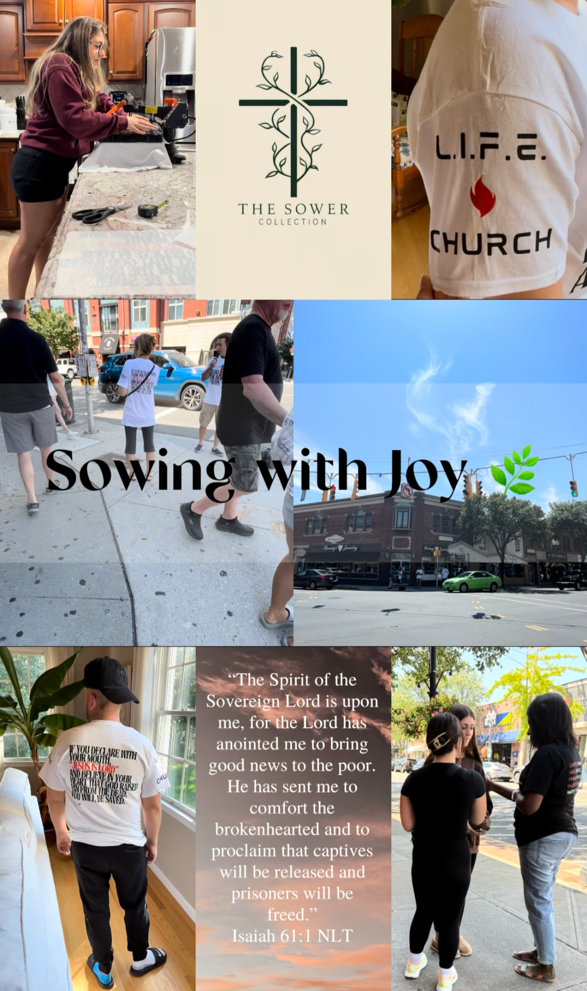 Collage of images depicting community. People praying for each other, people preaching the gospel on a street corner.