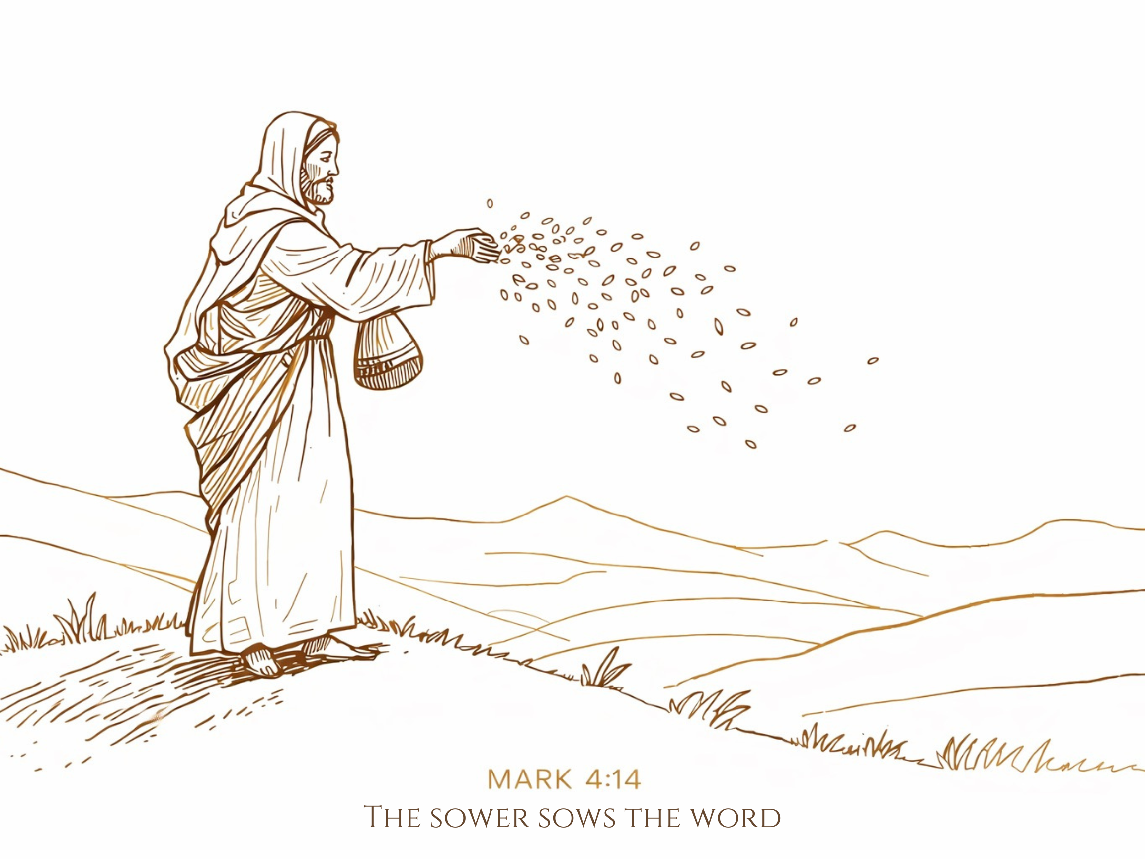 Line drawing of a Sower scattering seeds over a landscape with rolling hills, with the text 'Mark 4:14 The sower sows the word' underneath.