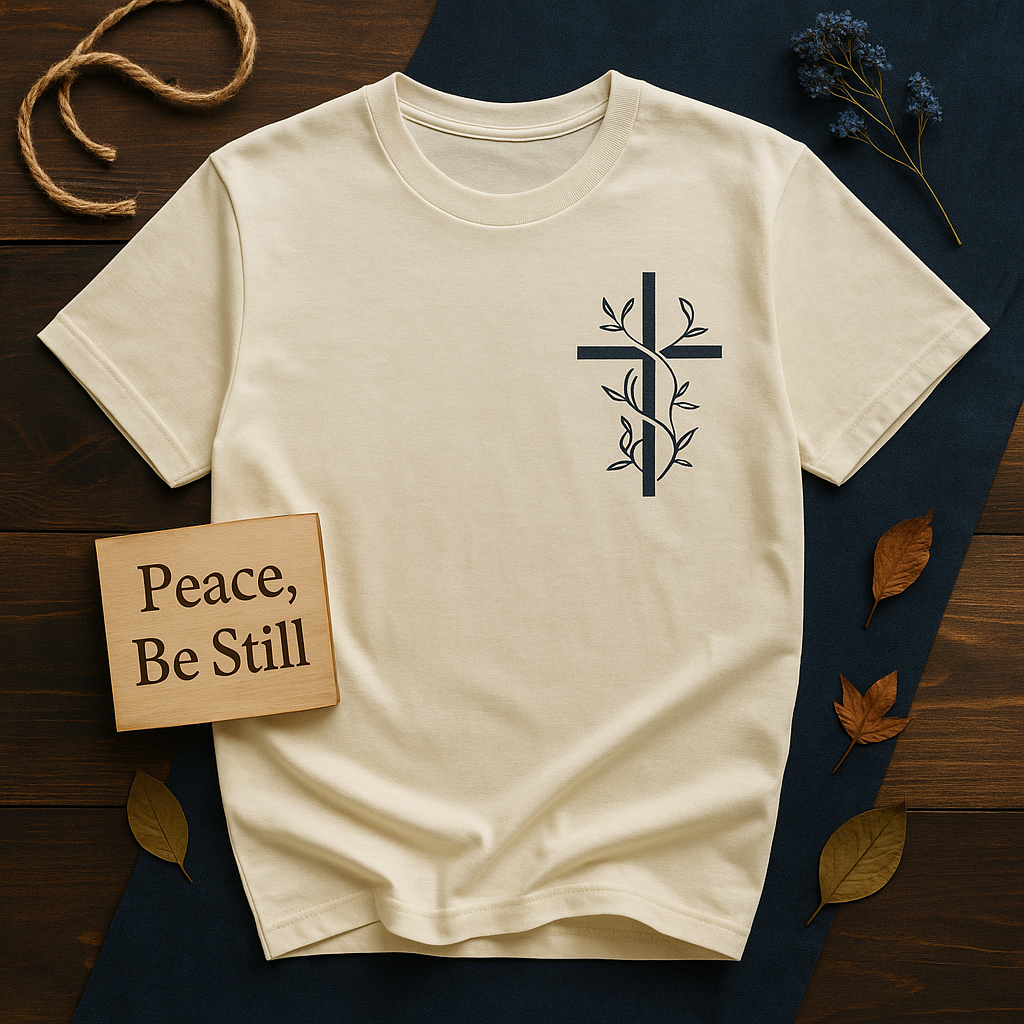 Beige Christian T-shirt featuring a minimalist cross with vine design, inspired by Scripture and faith in Jesus Christ.