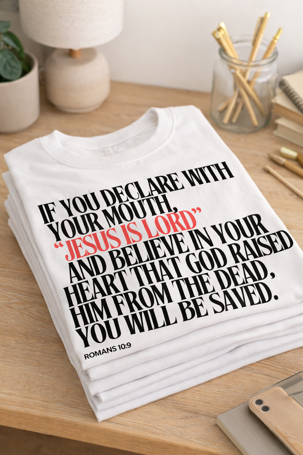 White Christian T-shirt featuring Romans 10:9 Scripture declaring Jesus is Lord, faith-based apparel inspired by the Word of God.