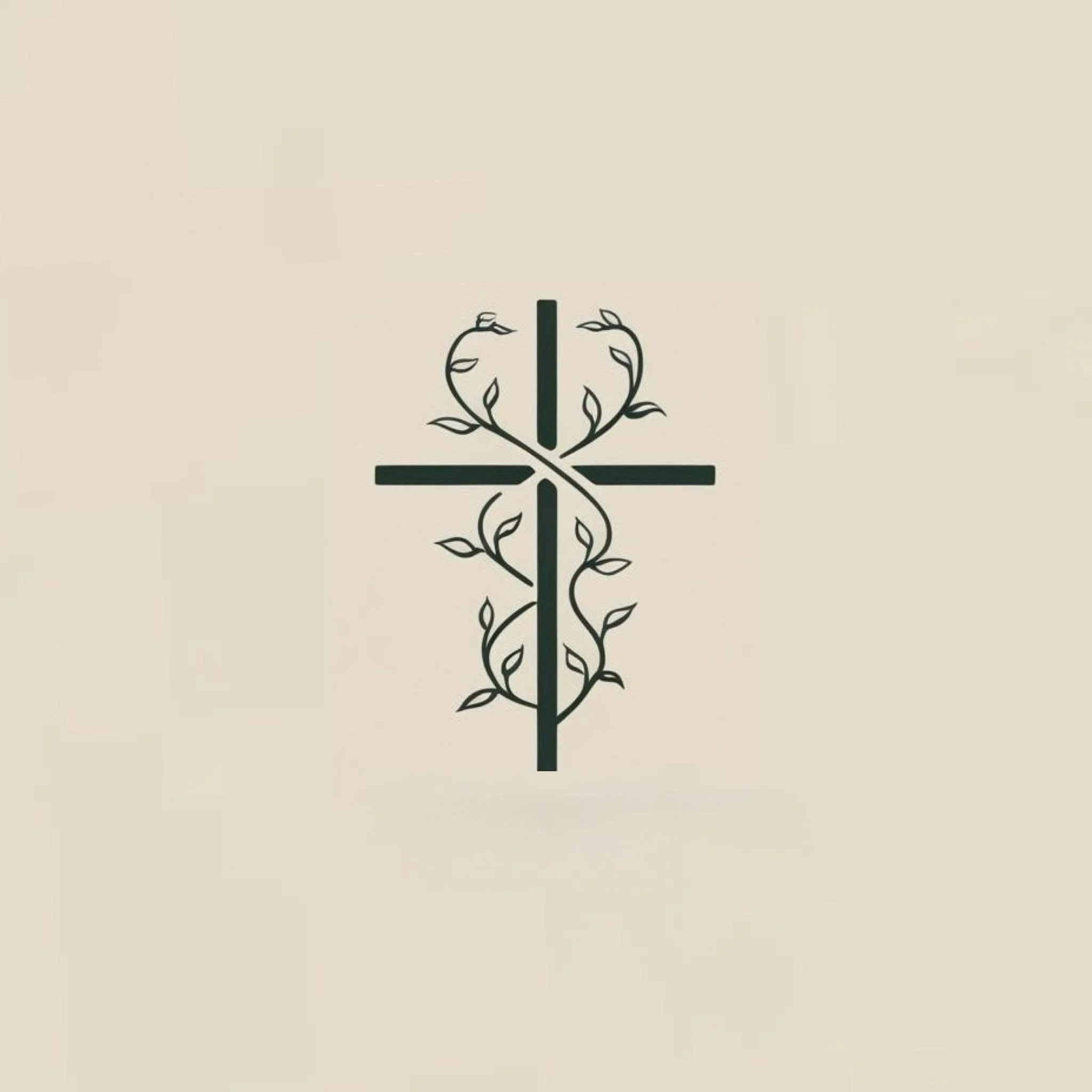 Minimalist black cross with intertwined leafy vines on a light background.