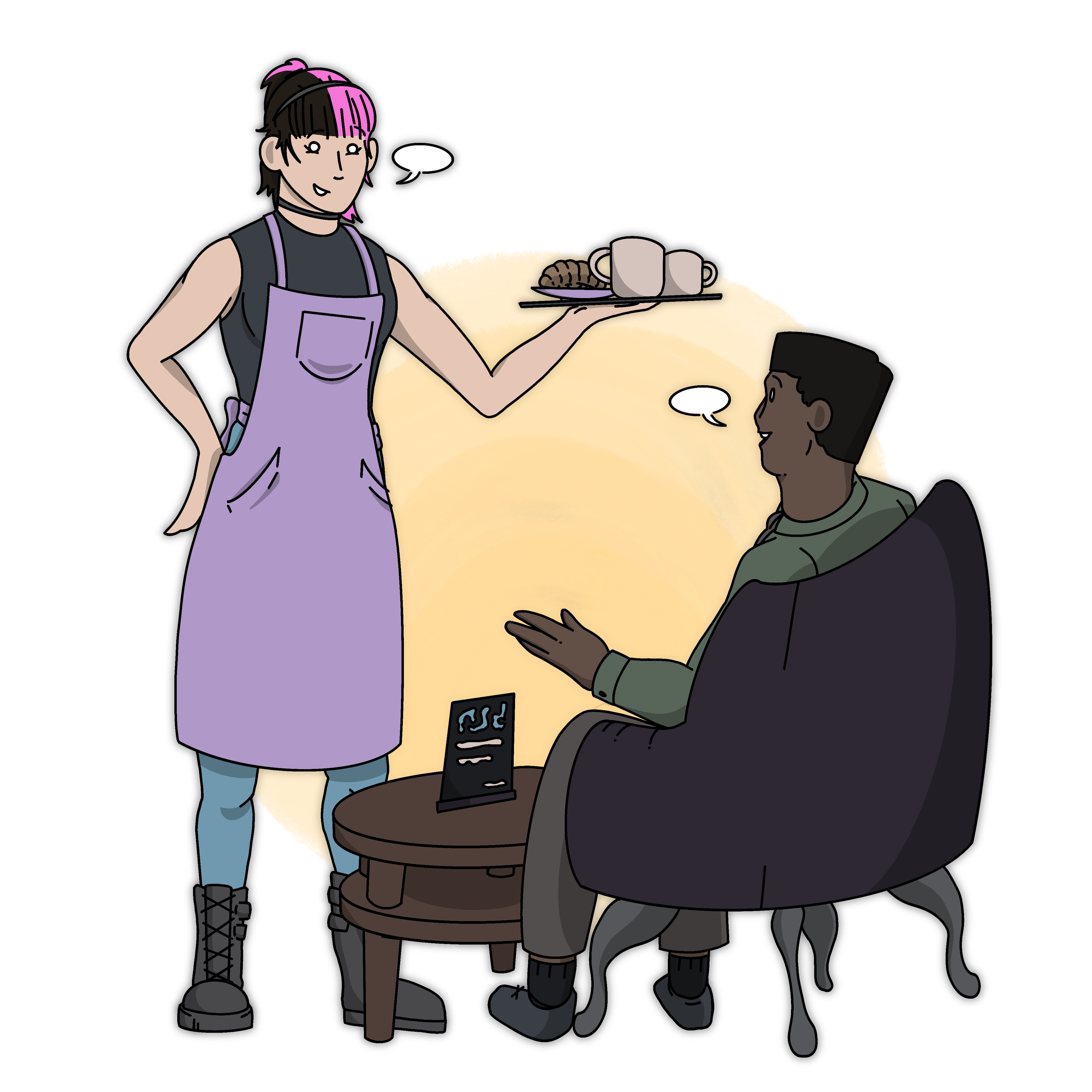 A young waitress in a purple apron is serving a coffee in a cafe to a seated man while holding a tray with coffee mugs and a plate of food. The man is sitting in a black armchair, gesturing during conversation.