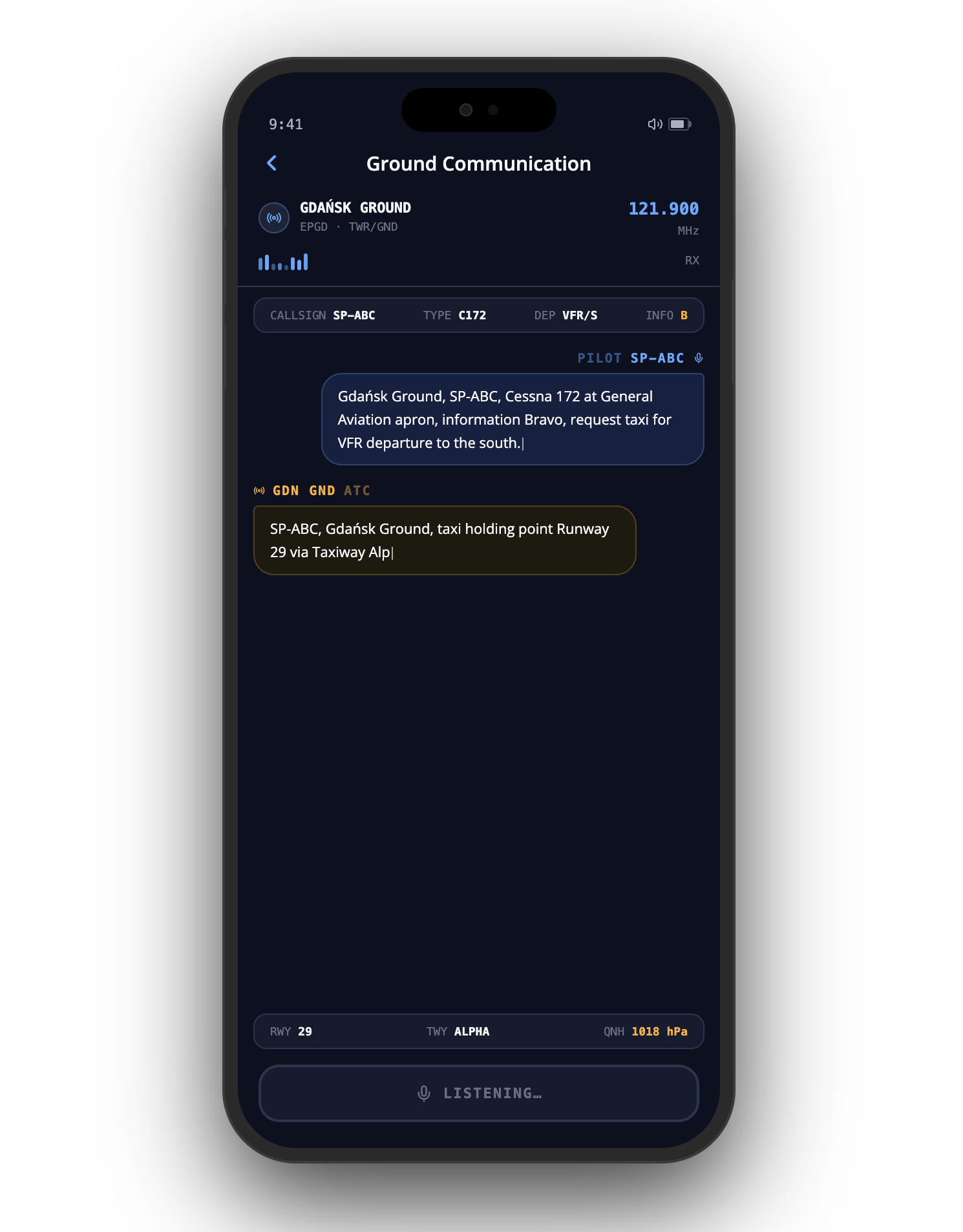 Mobile device screen showing ground communication information, including radio frequency, callsign, and aircraft details, with a dark mode interface and various data fields.