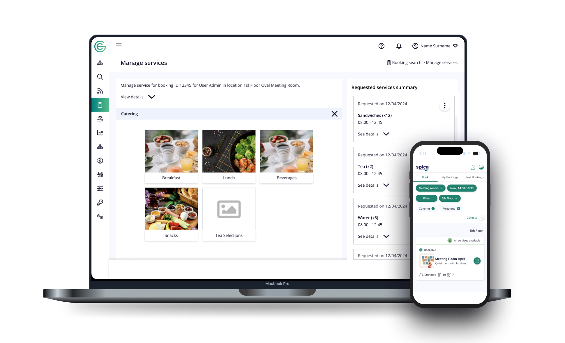 A MacBook Pro and an iPhone displaying a management app interface for booking and managing services, including catering, snacks, tea selections, and meeting room reservations at a conference or office setting.
