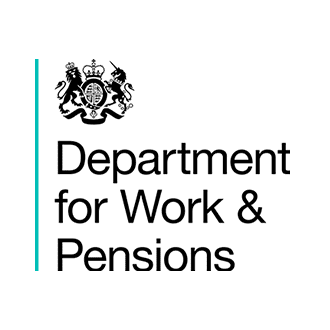 Logo for the Department for Work & Pensions with a black and white crest above the name.