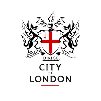 The crest of the City of London featuring a red cross on a white shield, flanked by two black dragons, with Latin motto 'Domine Dirige Nos' below.