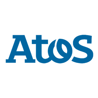 Atos logo with blue text on a white background.