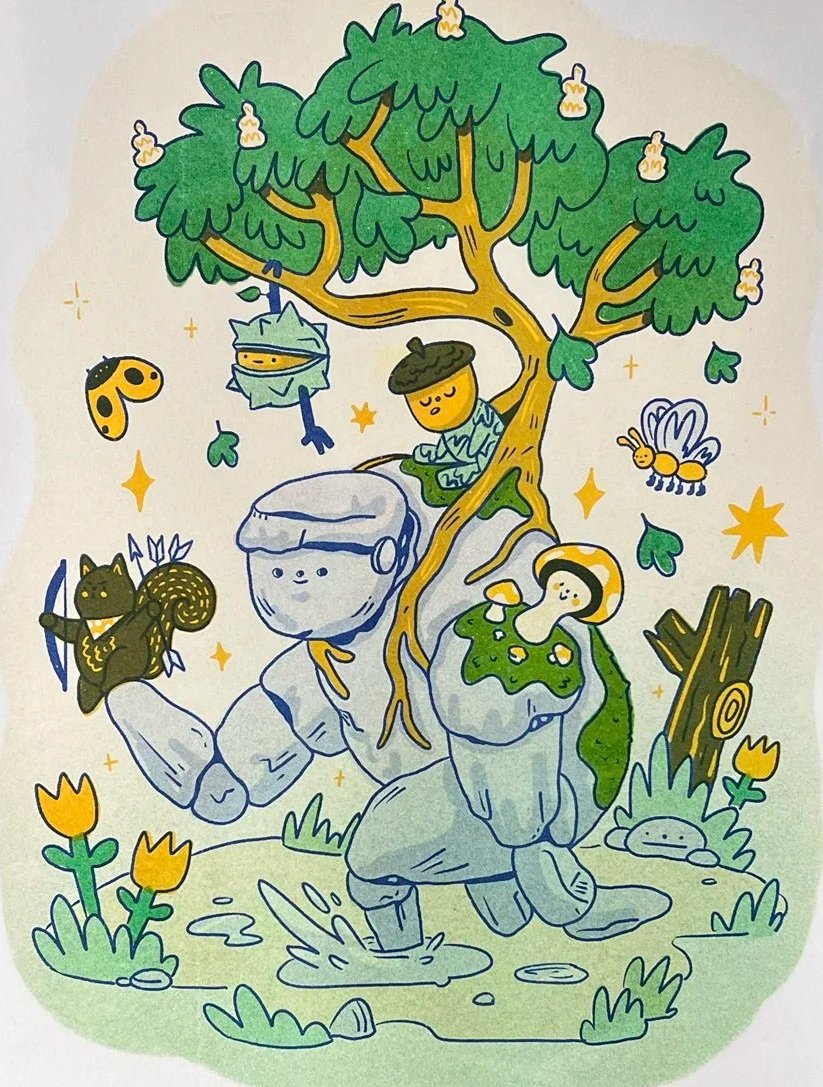 A whimsical illustration of a person with glasses and bushy hair sitting in a tree, surrounded by various animals and objects such as a squirrel, snake, butterfly, bee, and a cat holding a bow and arrow. The scene includes flowers, a log, and stones, with a playful, cartoon-like style and bright colors.