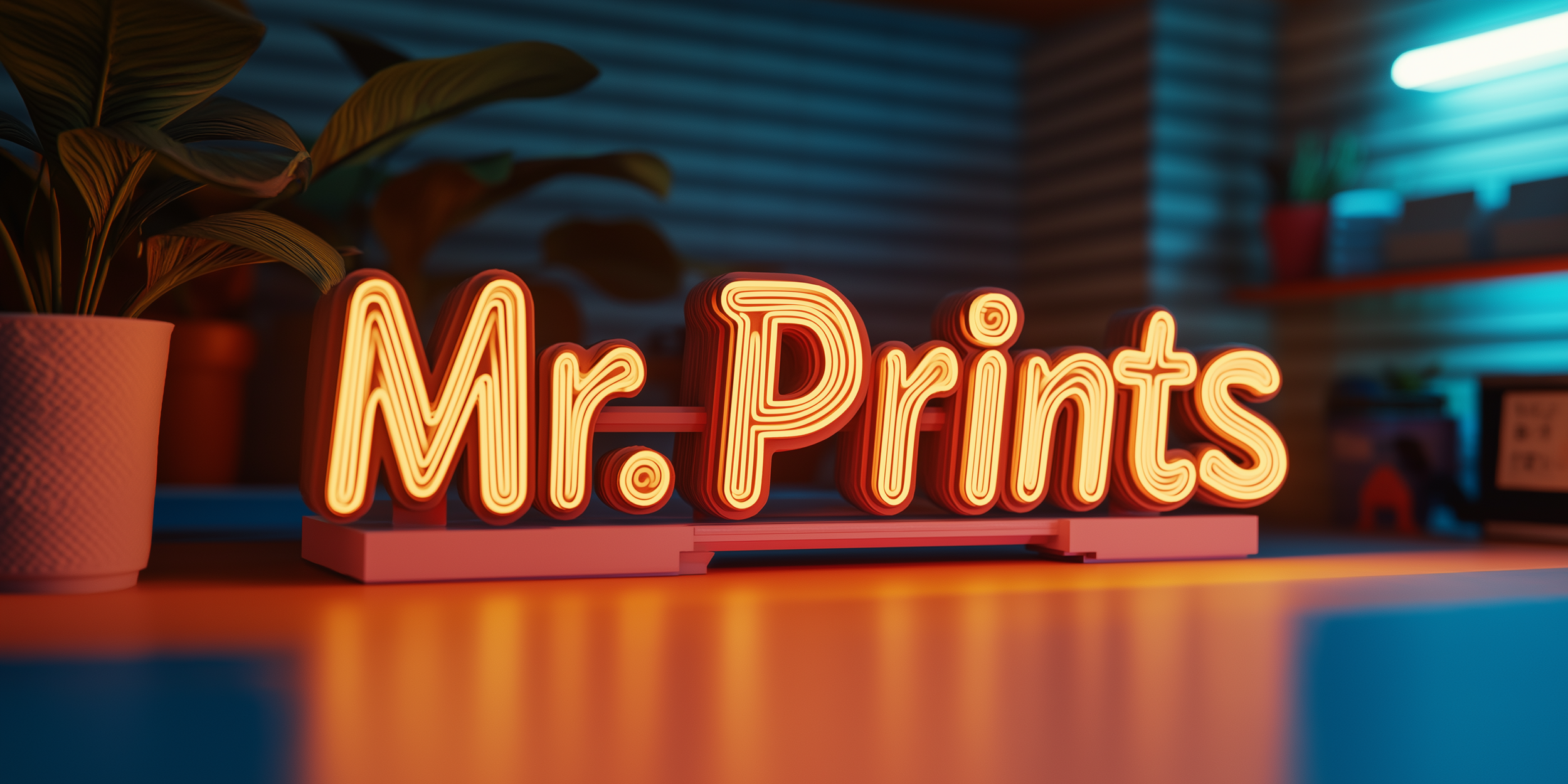 Neon sign reading 'Mr. Prints' next to a potted plant on a desk or shelf.