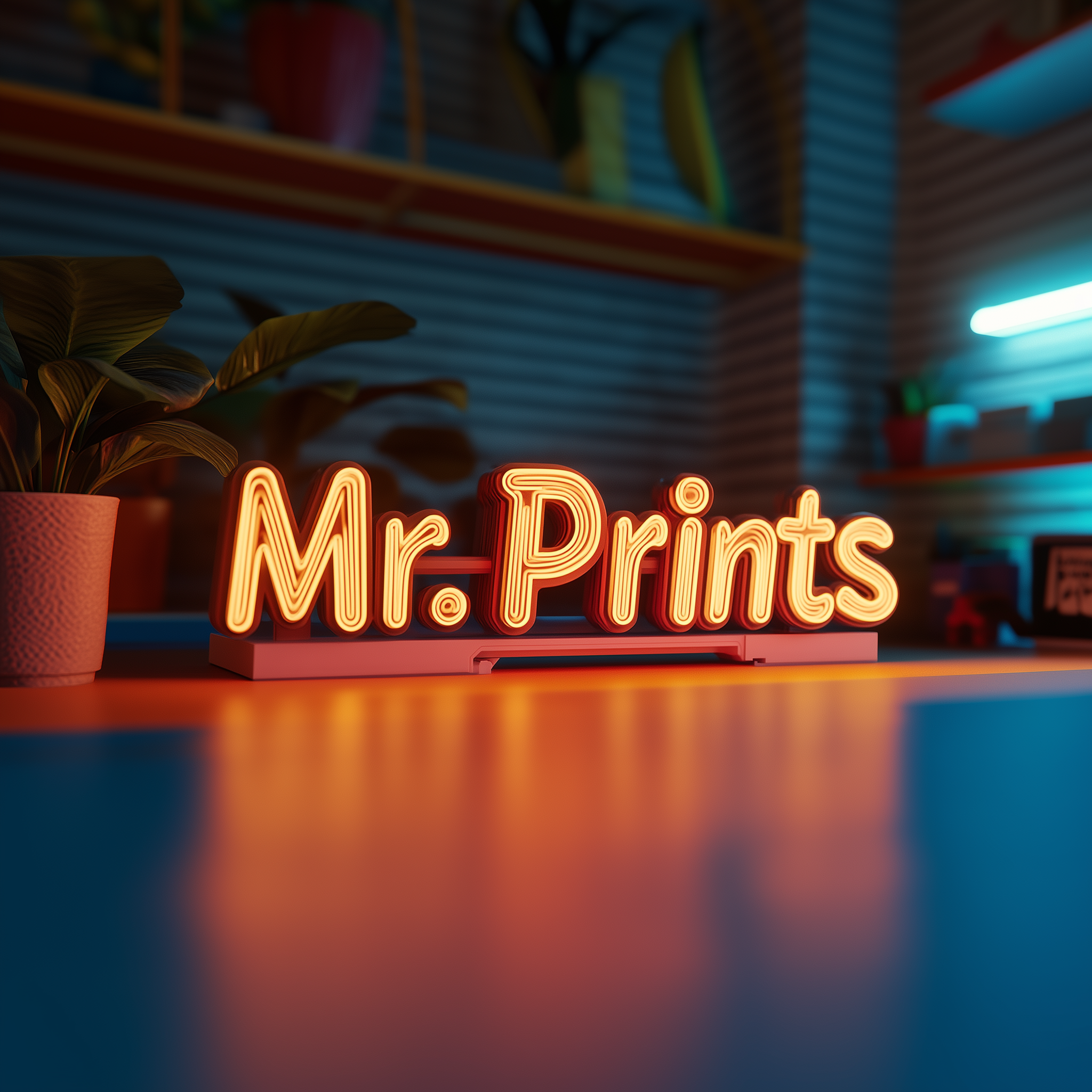 A neon sign that reads 'Mr. Prints' in a dimly lit room with shelves and potted plants.