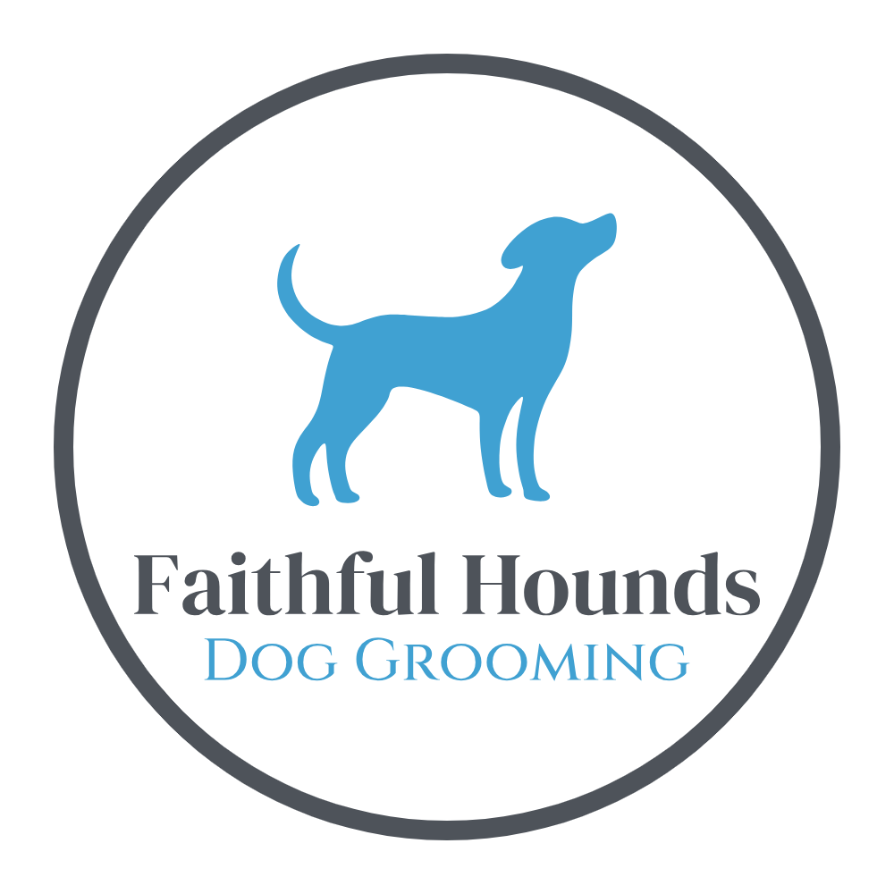 Logo for Faithful Hounds Dog Grooming featuring a blue dog silhouette and the business name.