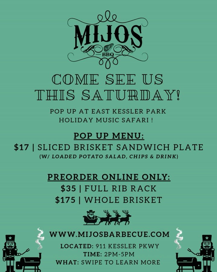 :: POPPIN&rsquo; UP THIS SATURDAY! ::

Swing by the East Kessler Park Holliday Safari for a delicious BBQ plate! 

We&rsquo;re set up from 2p-5p at the Pink Flamigo house where the Happy Campers are throwing down a classic rock set you don&rsquo;t wa