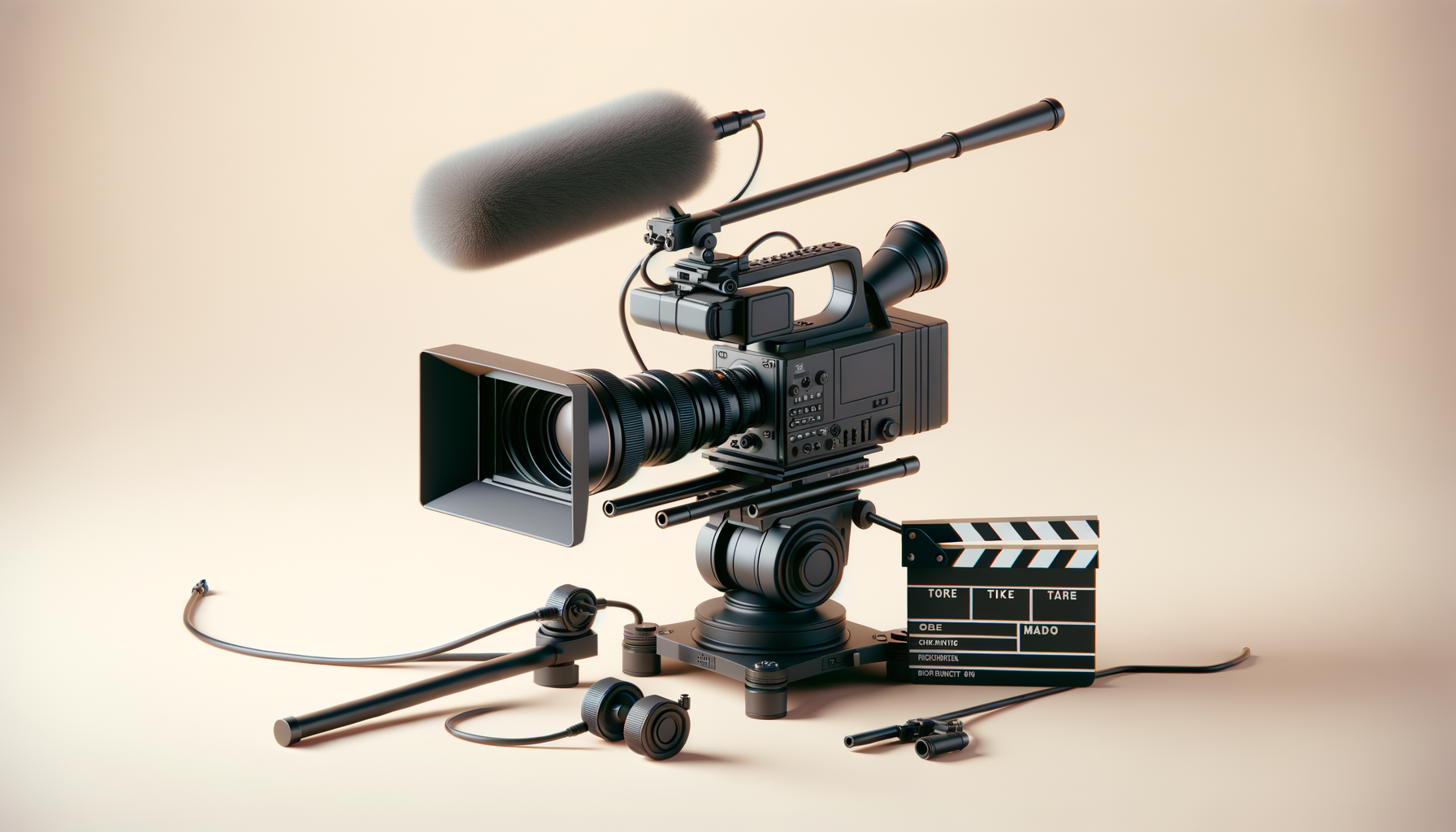 A professional film camera with a microphone, clapperboard, and related accessories on a beige background.