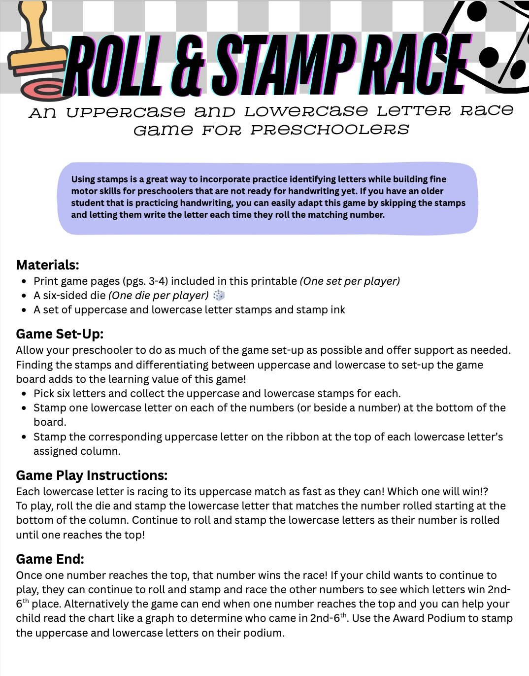 Roll and Stamp Race: A Preschool Letter Game
