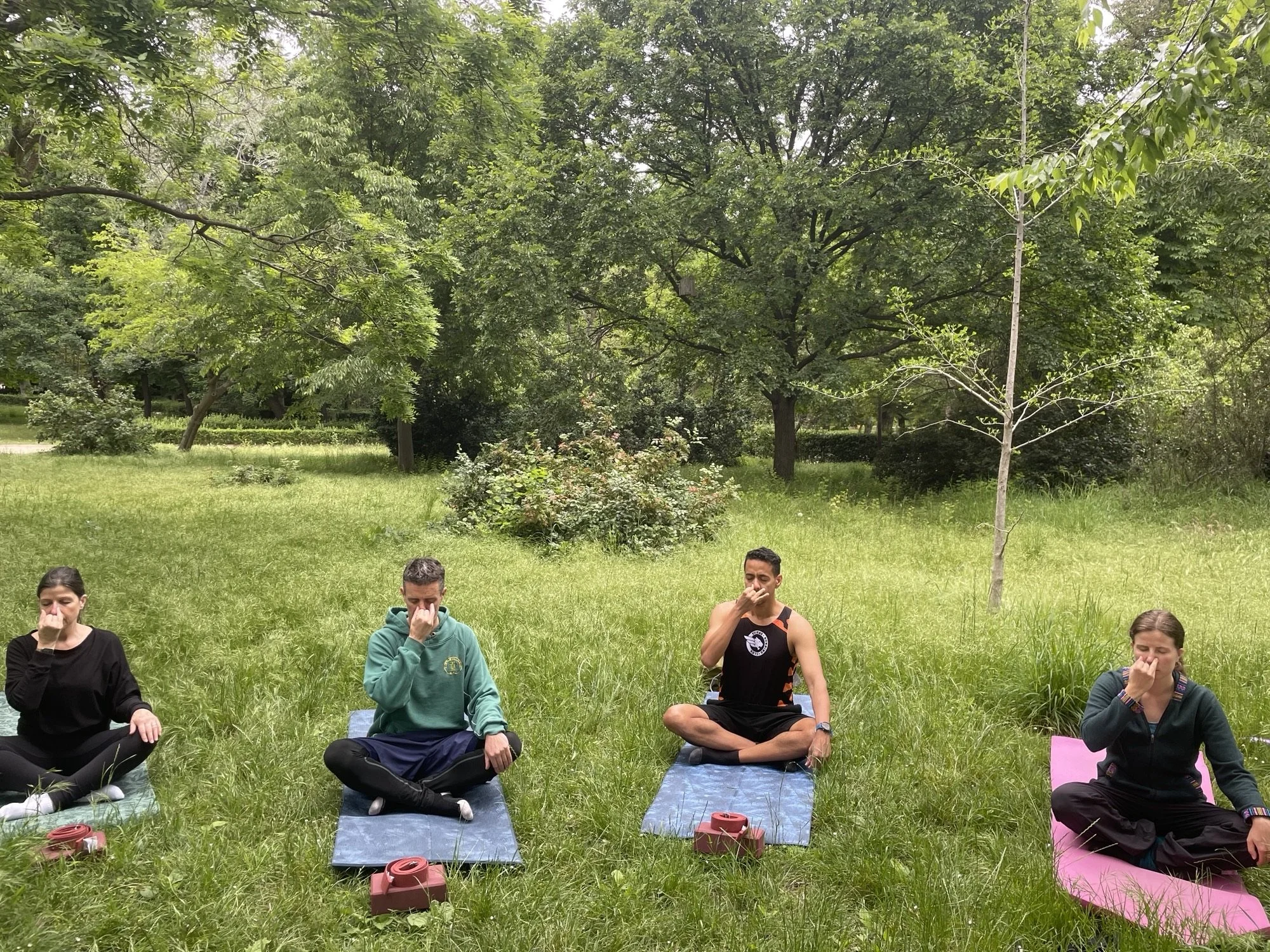 Group of people sitting cross-legged on yoga mats in a lush green park, meditating or practicing mindfulness.