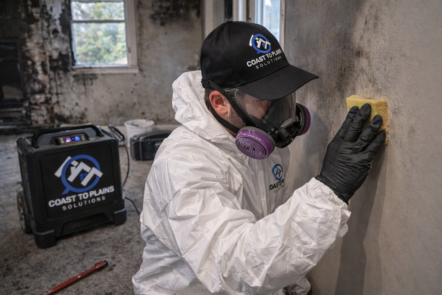 A modern wooden house with irregular angles, surrounded by tall grass and bushes, with mountains in the background under a cloudy sky.