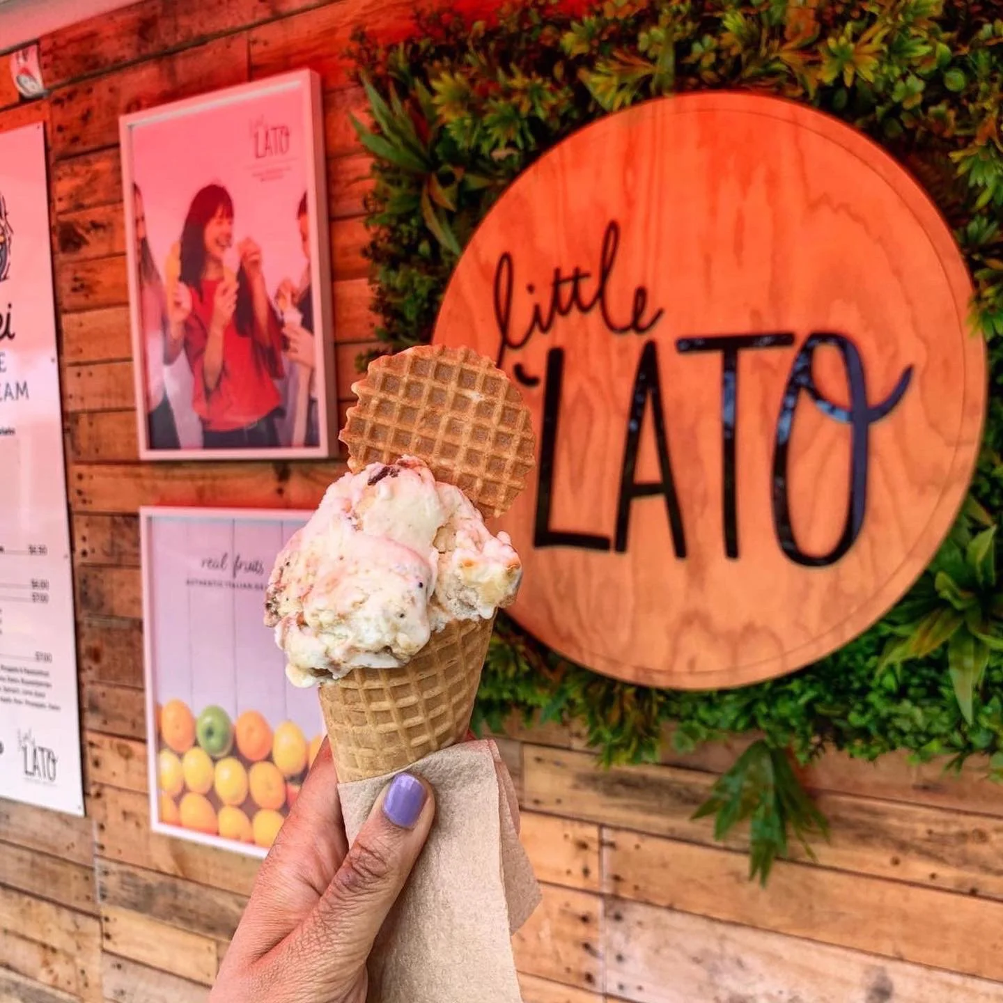 Person holding an ice cream cone with a waffle cookie in front of a wooden wall with signs and greenery, featuring a sign that reads 'little LATTO'.