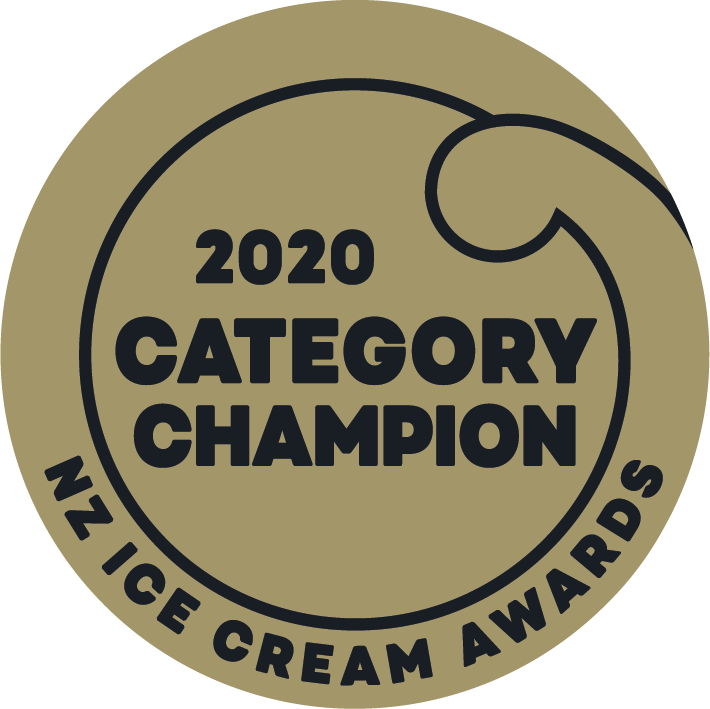 Gold medal with black text reading "2020 Category Champion NZ Ice Cream Awards"