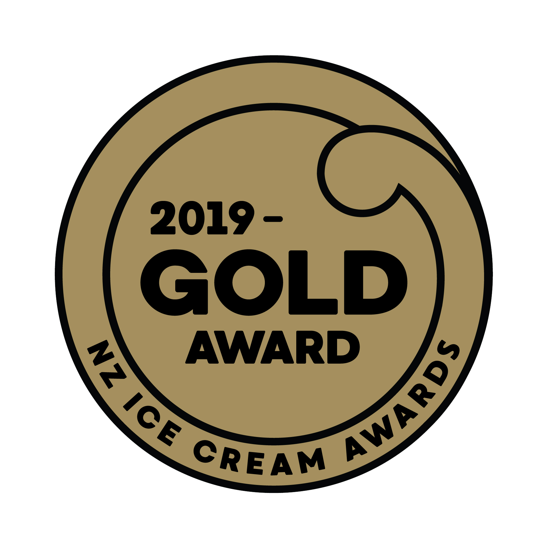 Gold award badge with black text indicating 2019 accolade for ice cream and desserts.