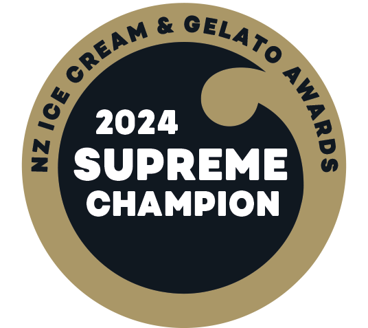 Circular logo with a black center and a gold outer ring, reading 'NZ ICE CREAM & GELATO AWARDS' around the top and '2024 SUPREME CHAMPION' in the center.