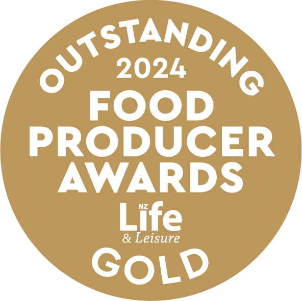 Gold circular badge for the 2024 Outstanding Food Producer Awards by NZ Life & Leisure