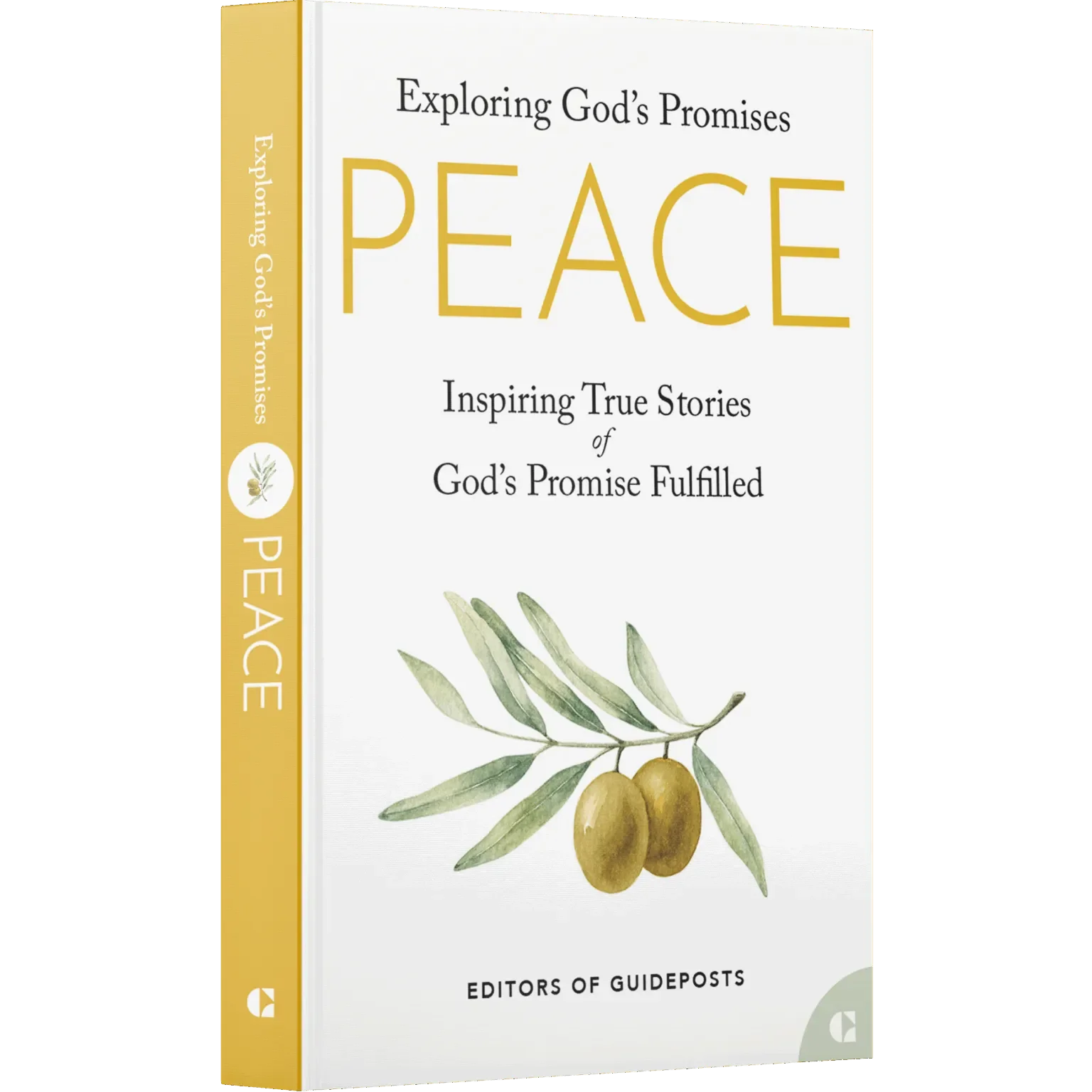 Book titled 'Exploring God's Promises PEACE' with subtitle 'Inspiring True Stories of God's Promise Fulfilled', featuring a watercolor illustration of an olive branch with two olives, published by Editors of Guideposts.