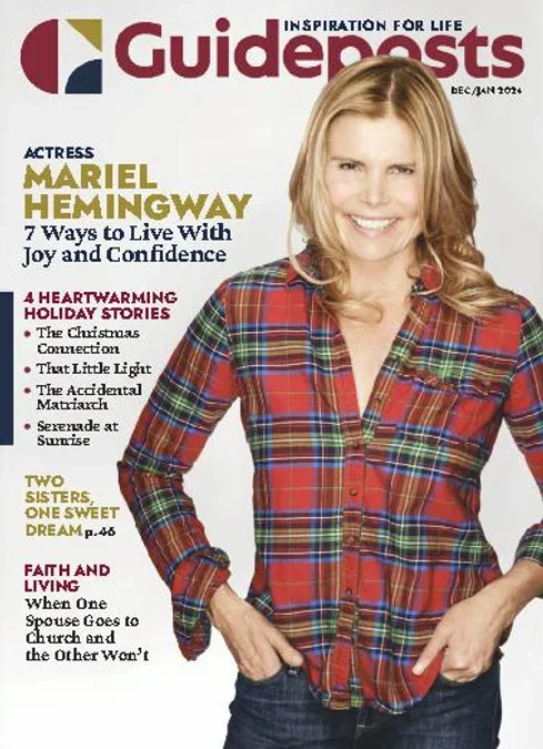 Magazine cover of Guideposts featuring actress Mariel Hemingway, with headlines about holiday stories and faith topics.
