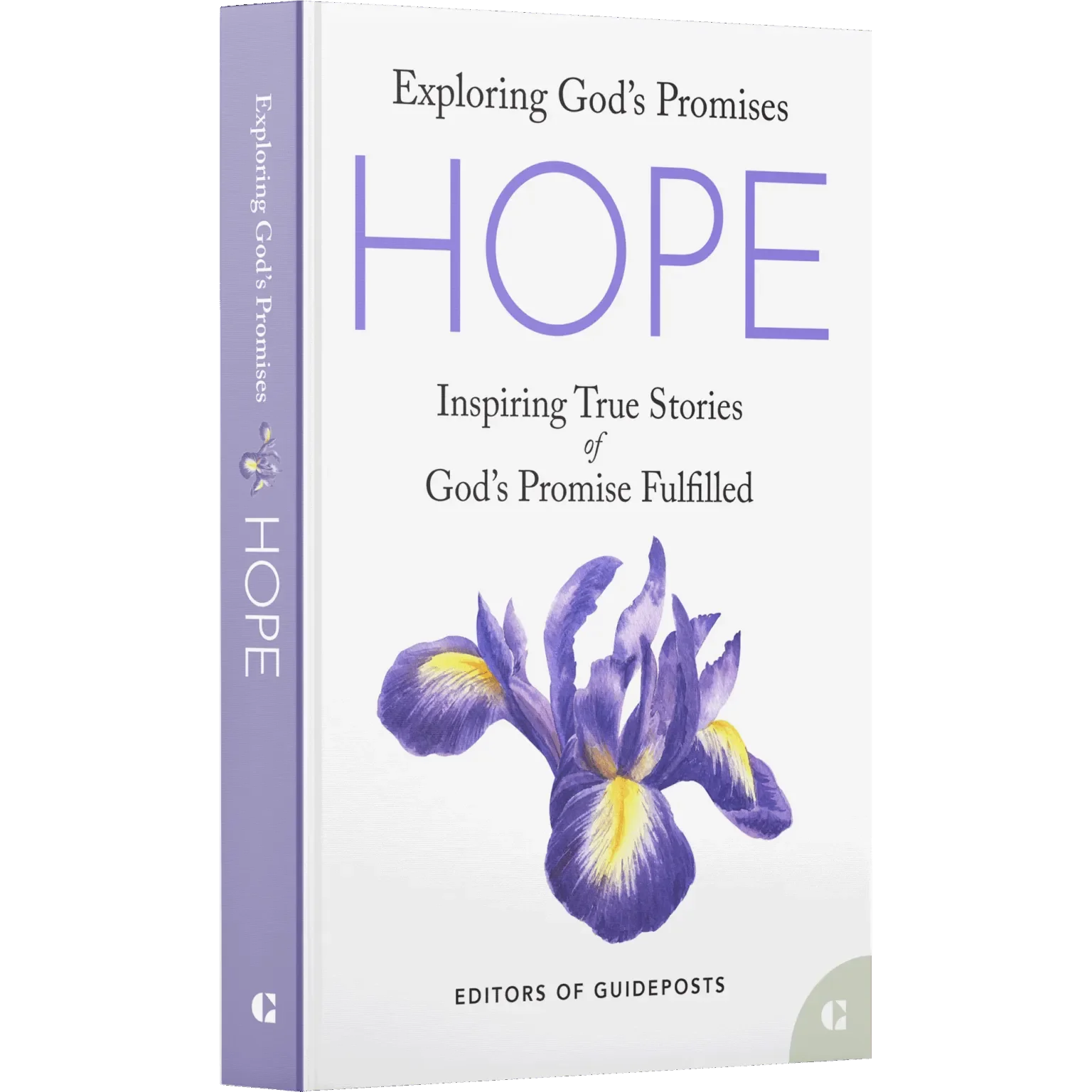 A book titled "Exploring God's Promises: Inspiring True Stories of God's Promise Fulfilled," with a purple iris flower on the cover, edited by Guideposts.