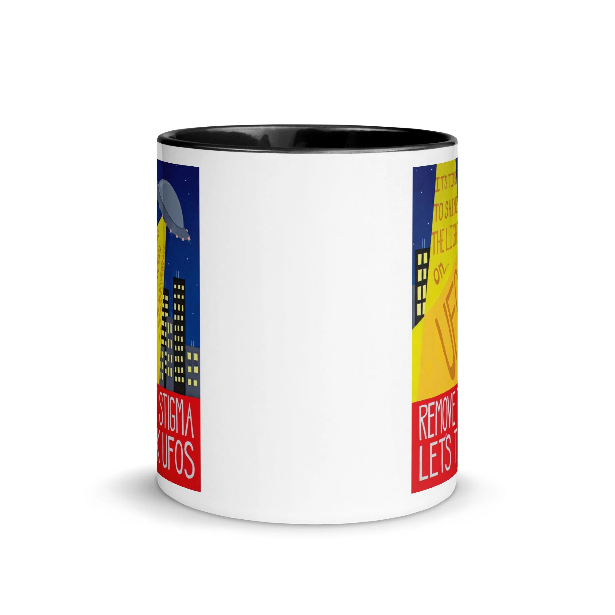 11oz black UFO mug side view, Remove the Stigma message printed on both sides, UFO art coffee cup