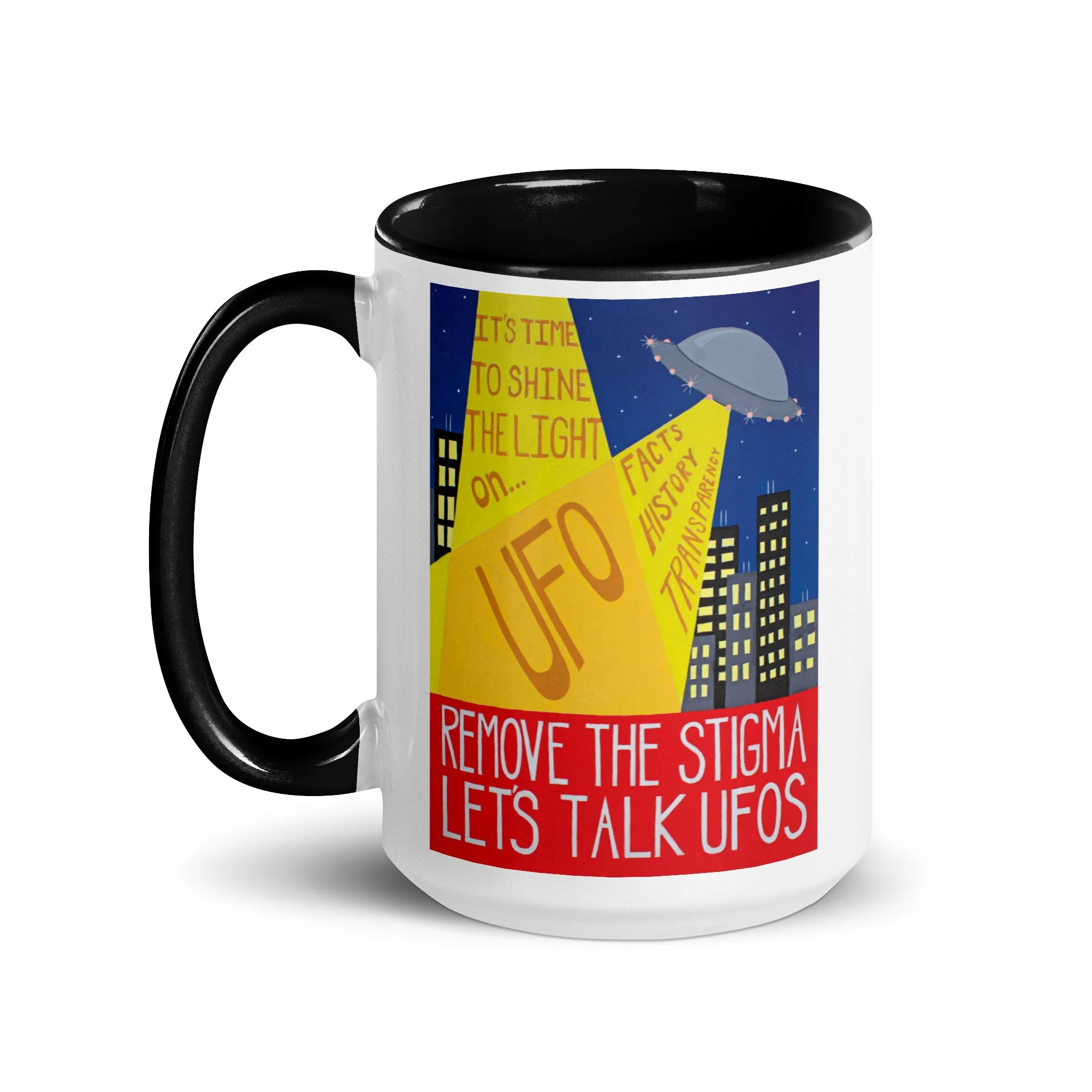 Black 15oz UFO coffee mug with handle, printed on both sides, original acrylic UFO art