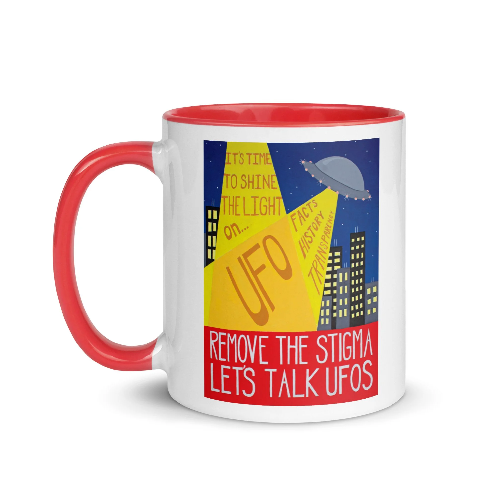 Red 11oz UFO mug with handle, double-sided print of original acrylic art, conversation starter for Ufology fans