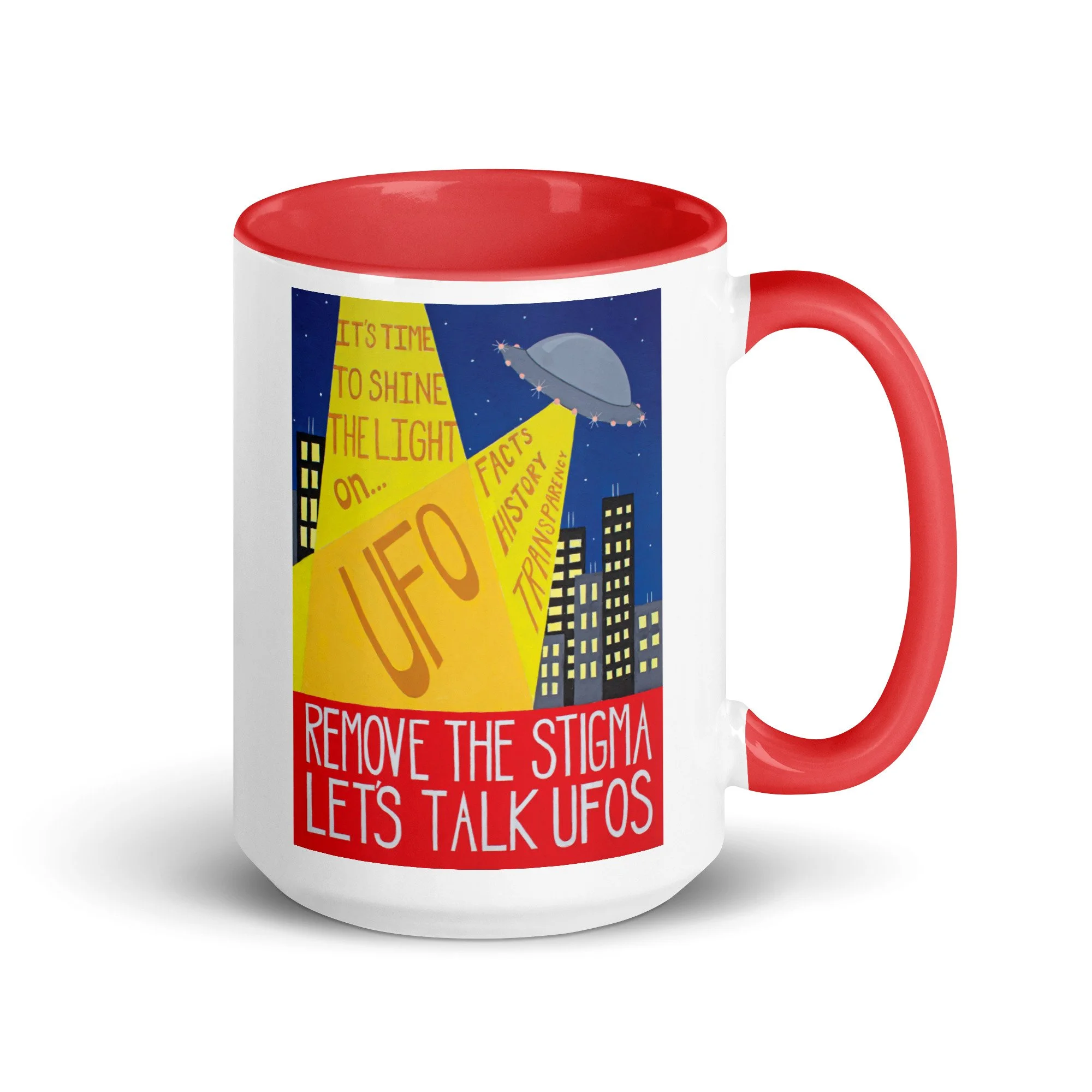 Red 15oz UFO mug with handle, double-sided printed artwork, conversation starter for UFO disclosure advocates