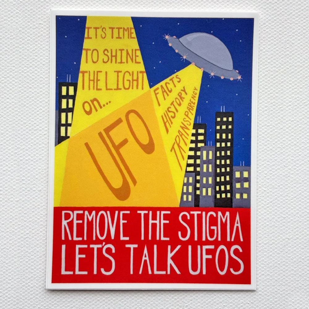 Remove the Stigma – Let’s Talk UFOs Sticker | Retro UFO Propaganda Art | Disclosure Gift