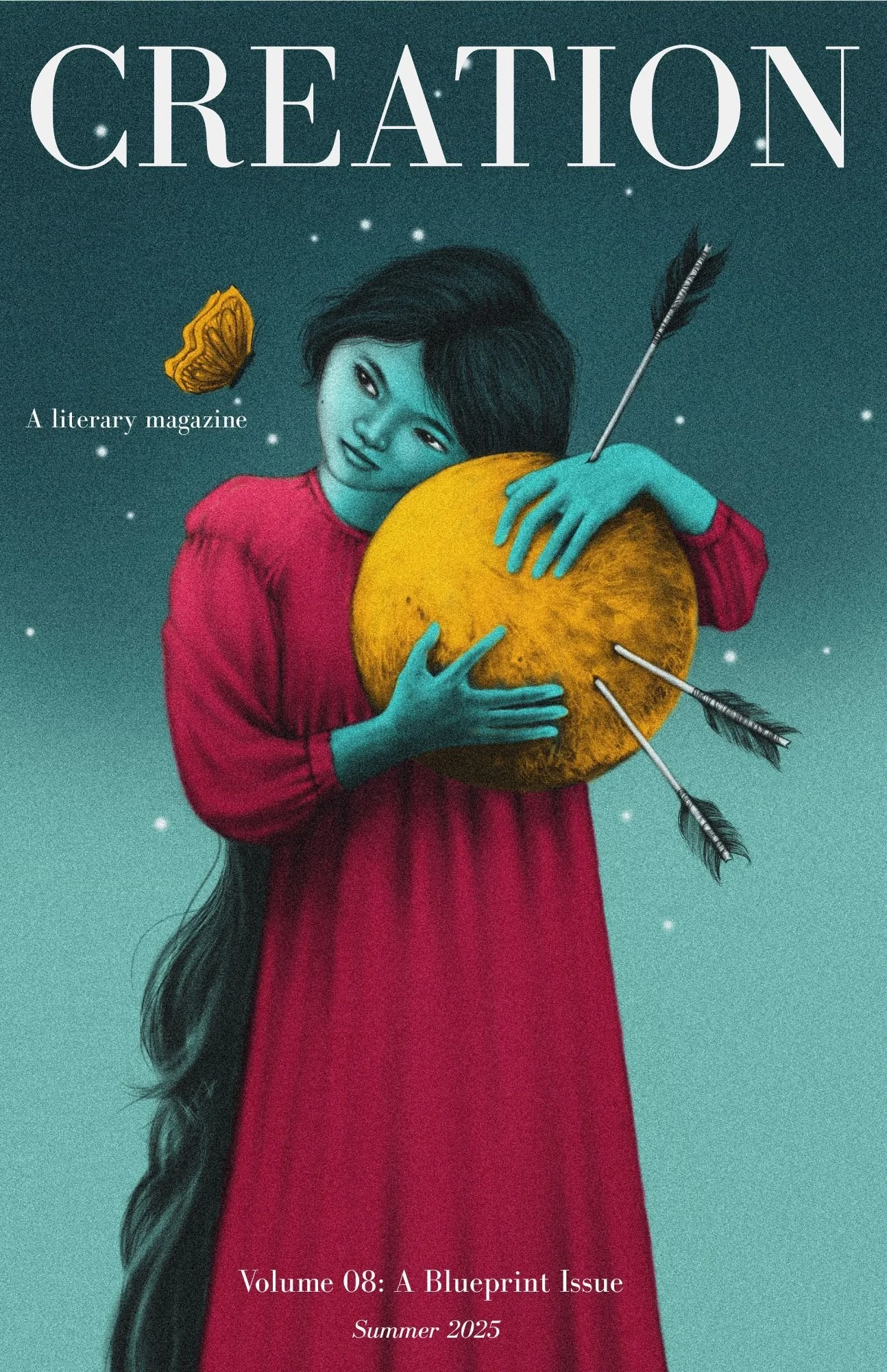 Cover of a literary magazine titled "CREATION" featuring an illustrated woman with blue skin and long black hair, wearing a red dress, holding a large round yellow object pierced by three arrows.