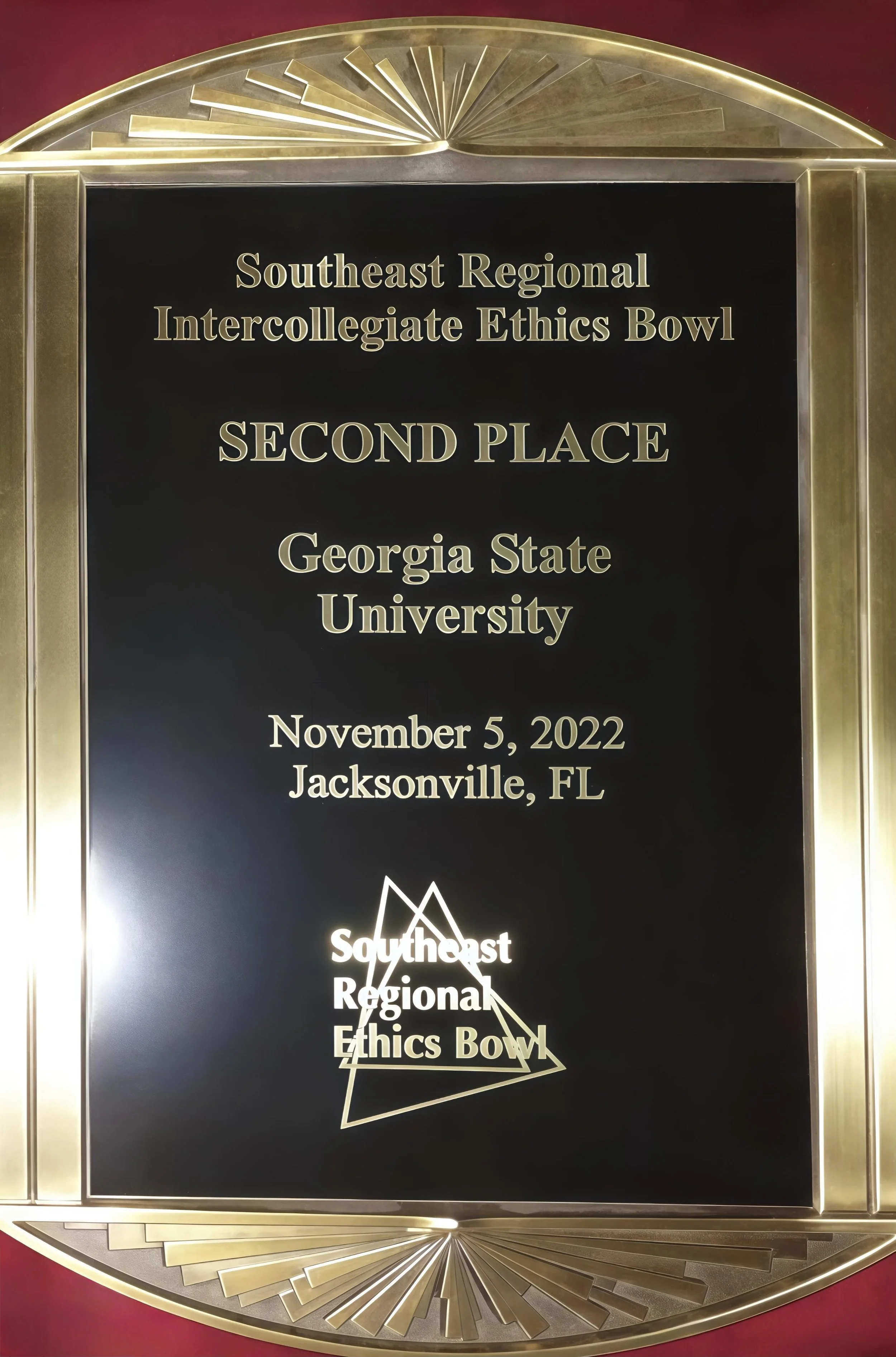 Award plaque for the Southeast Regional Intercollegiate Ethics Bowl, second place, Georgia State University, November 5, 2022, in Jacksonville, Florida.