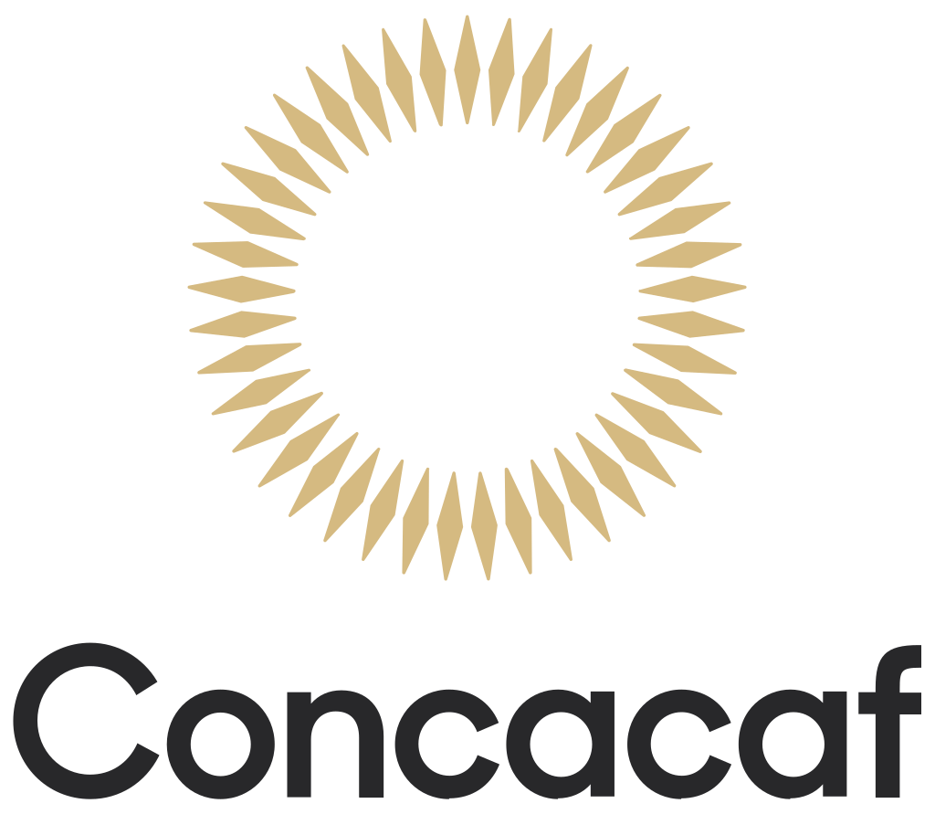 A gold circular emblem with pointed, radial segments resembling a sunburst, and the word 'Concaaf' below it in black text.