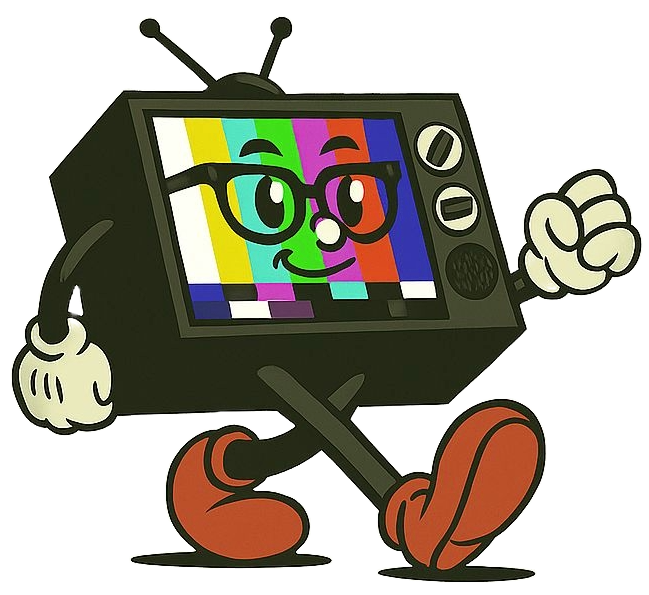 A cartoon television character with colorful test pattern on the screen, wearing glasses, smiling, and giving a thumbs-up.