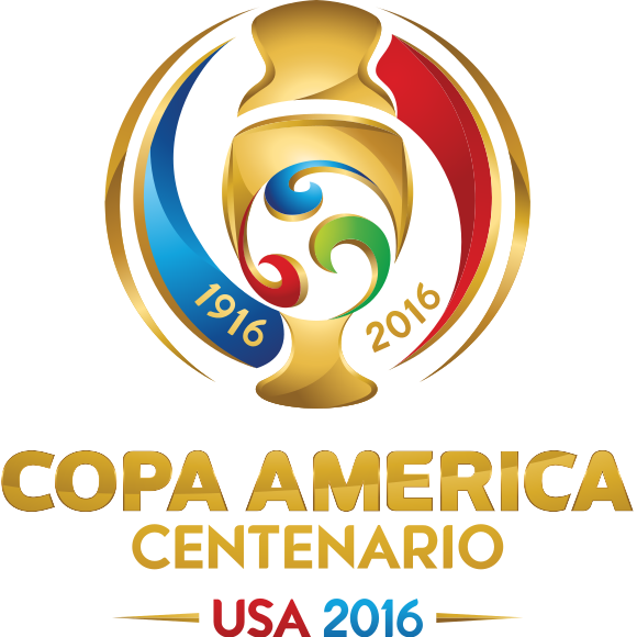 Logo for Copa America 2016, featuring a gold trophy with a design incorporating blue, green, and red elements and the year 1916.