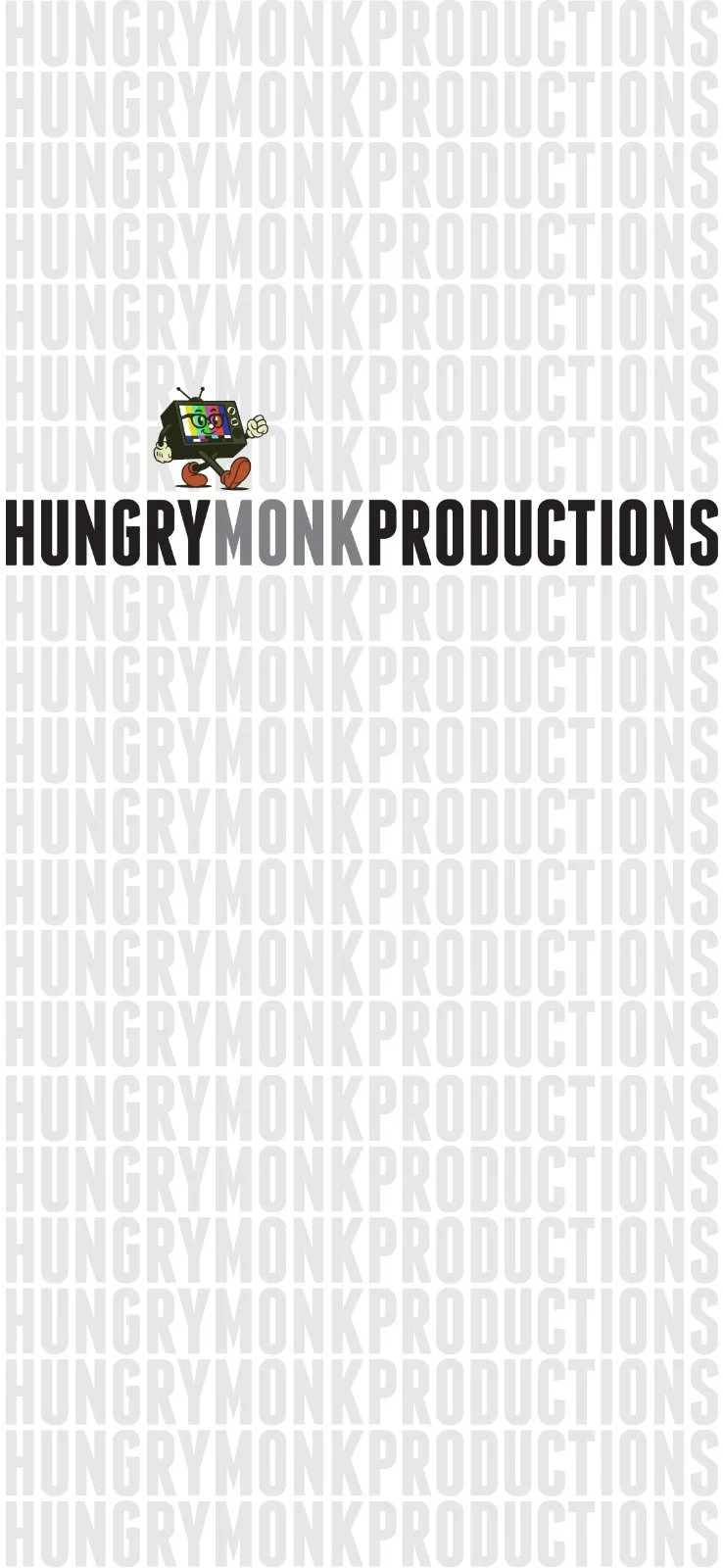 A cartoon television character with a colorful screen, arms, and legs, walking and giving a thumbs-up in front of a gray background with the repeated text 'HUNGRYMONKPRODUCTIONS'.