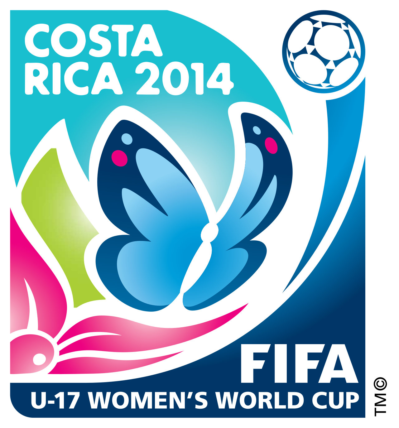 Logo for the 2014 FIFA U-17 Women's World Cup in Costa Rica featuring a blue butterfly, a soccer ball, and colorful floral elements.