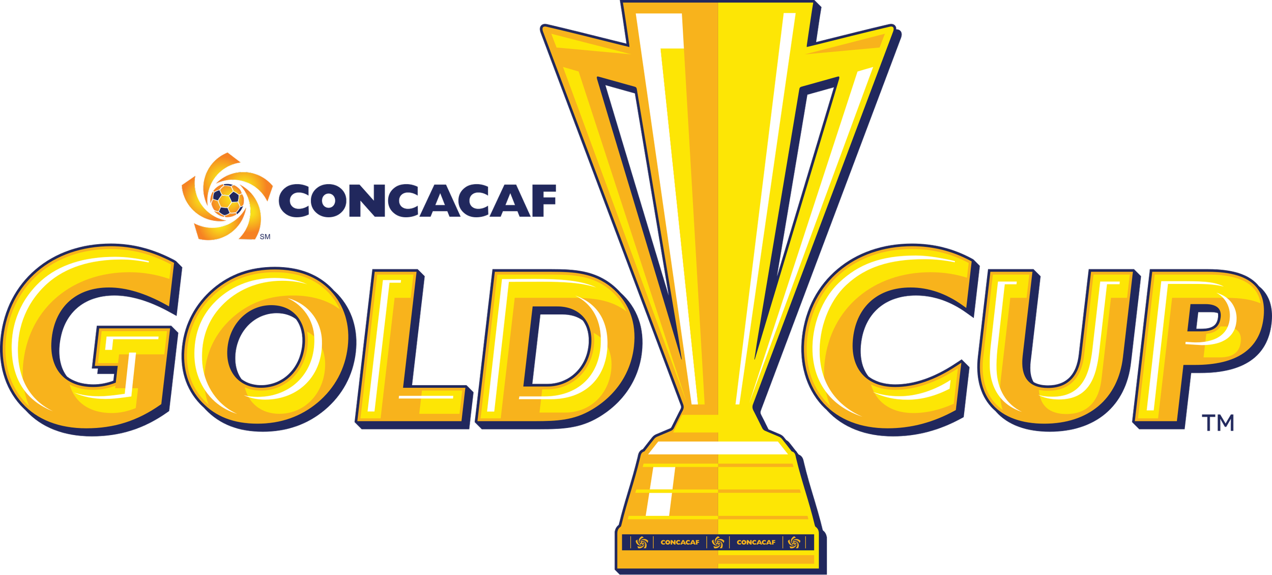 Official logo for the CONCACAF Gold Cup featuring a large gold trophy with the words 'GOLD CUP' in bold yellow and blue letters, and the CONCACAF emblem with a soccer ball also in gold.