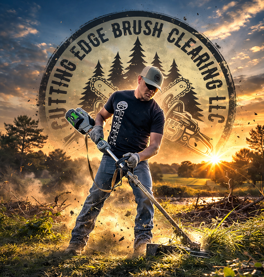 A person using a Stihl chainsaw to cut a fallen tree in a forest.